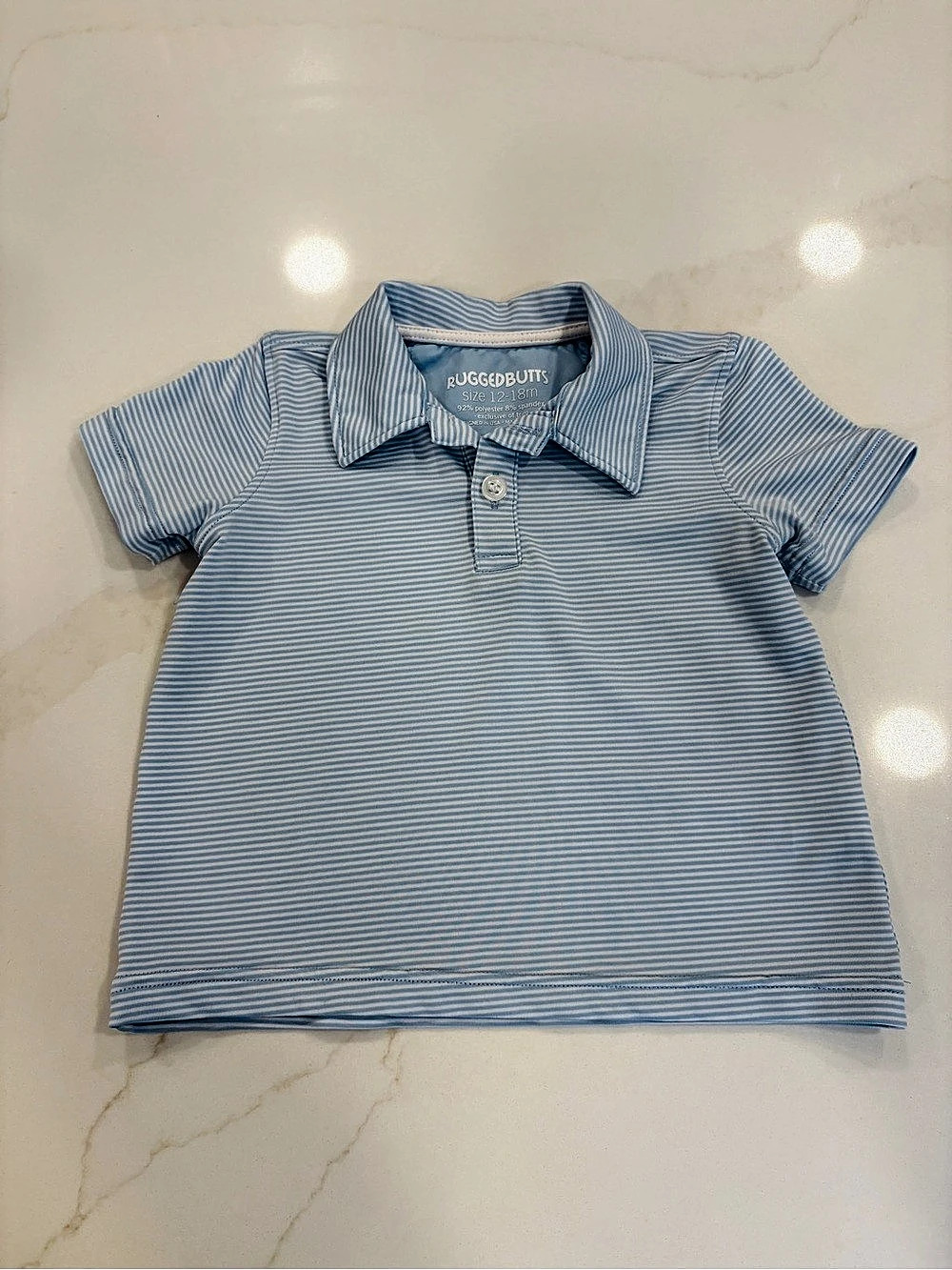 Like NEW RuggedButts Short Sleeve Striped Polo Baby Blue & White 12-18M